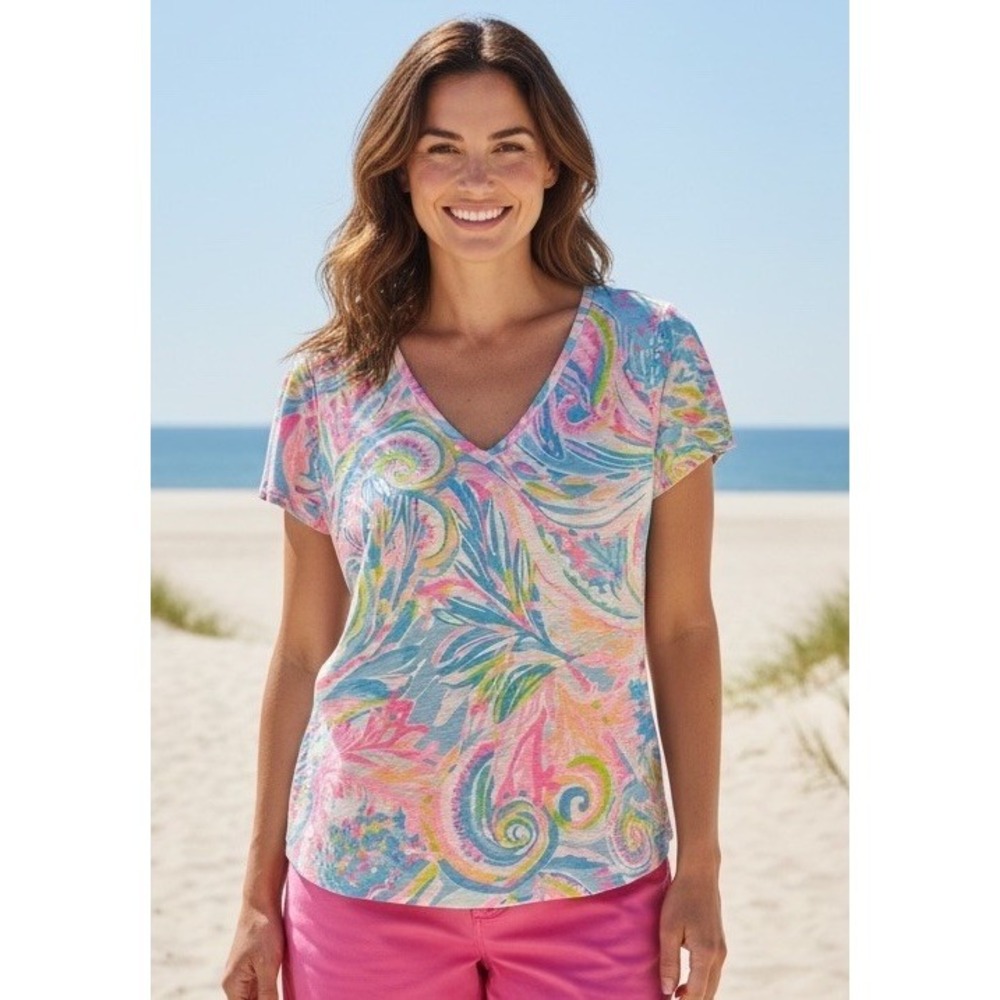 Lilly Pulitzer Etta Top T Shirt Womens V Neck Carnival‎ Coral Size XS